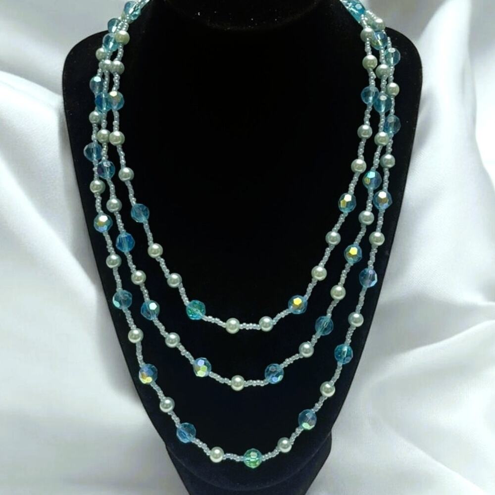 Vintage EsMor Multi-Strand Layered Turquoise Crystal, Glass, Faux Pearl Necklace